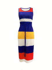 Striped Print 2pc Set Sleeveless Crop Tank Top & Drawstring Split Bodycon