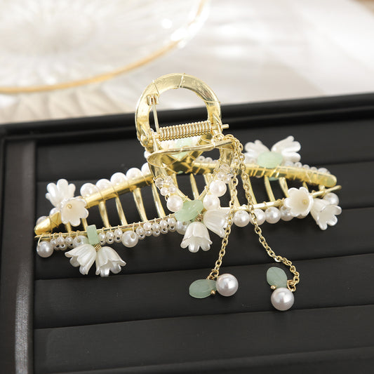 Faux Pearl Lily Flower Tassel Hair Claw Clip Chinese Vintage Accessory