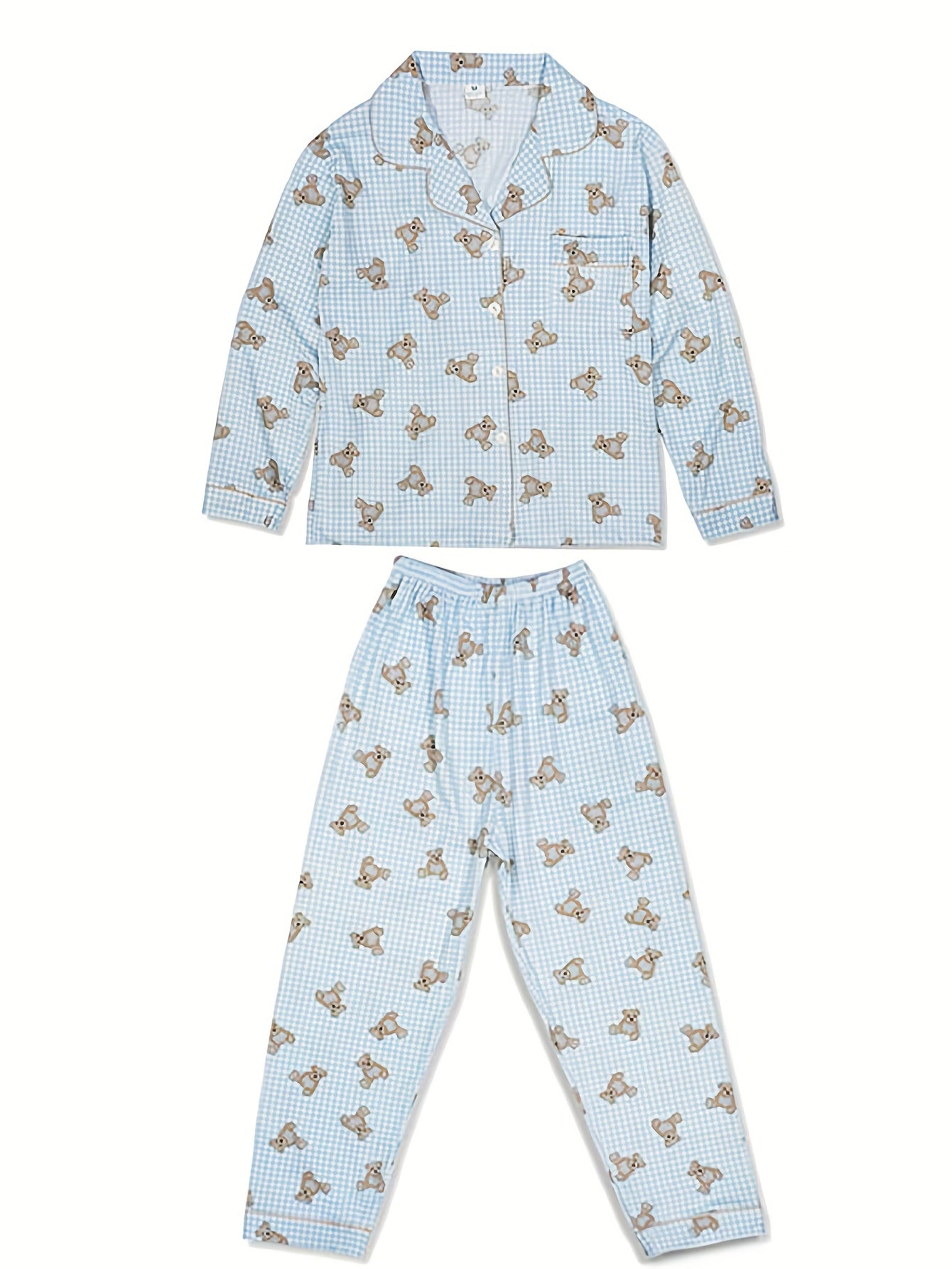 Bear Print Lounge Set Long Sleeve Top & Plaid Pants Women's Loungewear