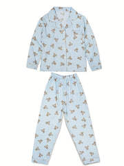 Bear Print Lounge Set Long Sleeve Top & Plaid Pants Women's Loungewear