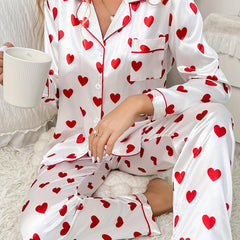 Heart Print Satin Pajamas Set Cute Long Sleeve Top & Pants Women's Loungewear