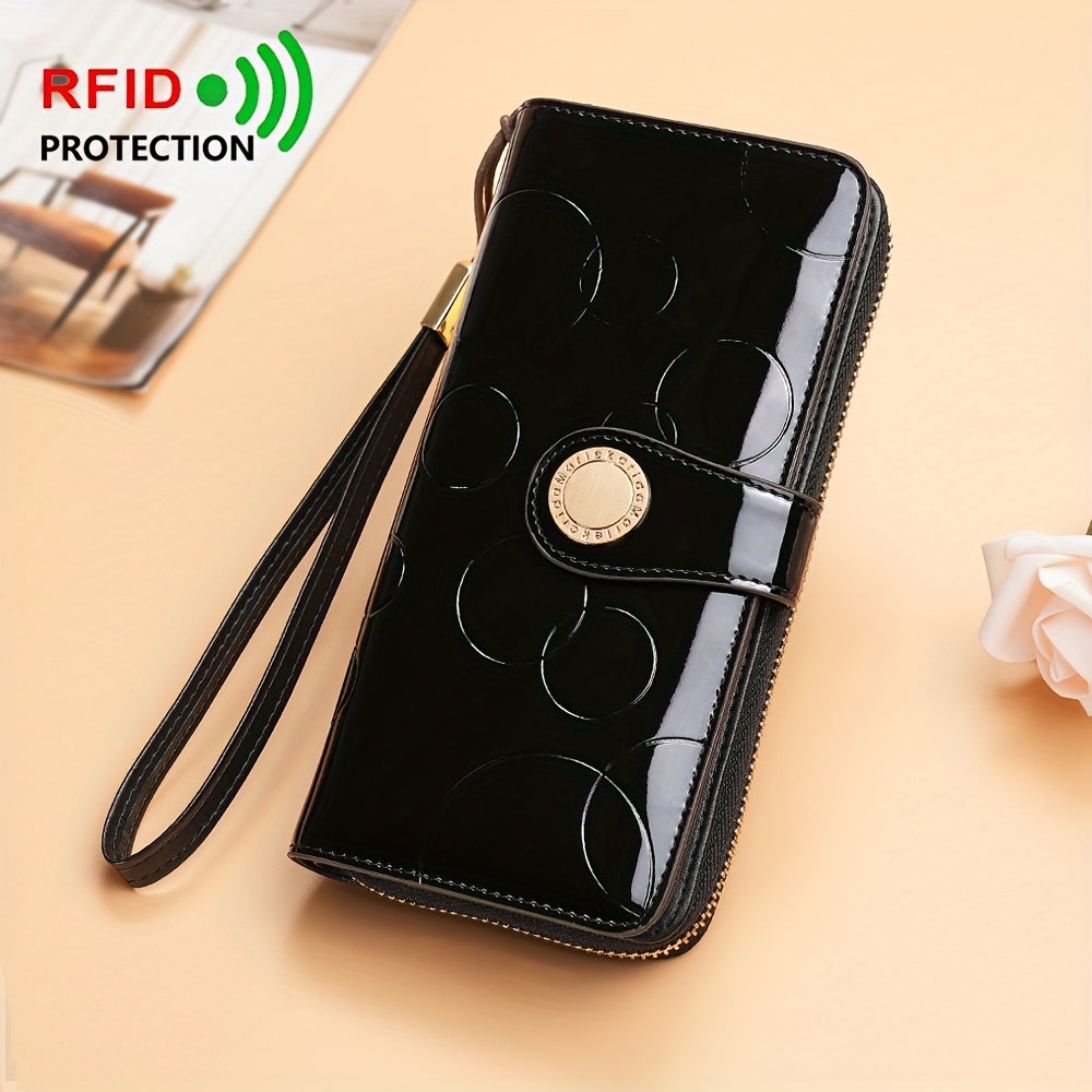 Patent Leather Long Wallet for Women with Zipper Closure