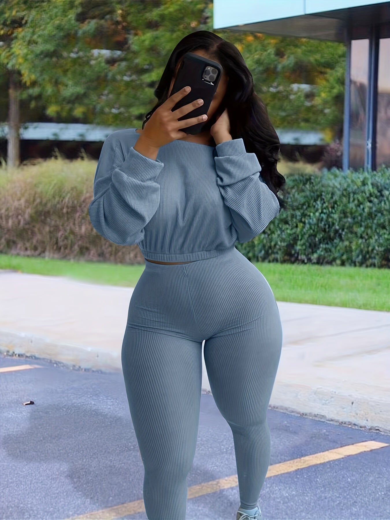 Ribbed Two piece Set Crop Top & High Waist Pants Outfits Women's Clothing