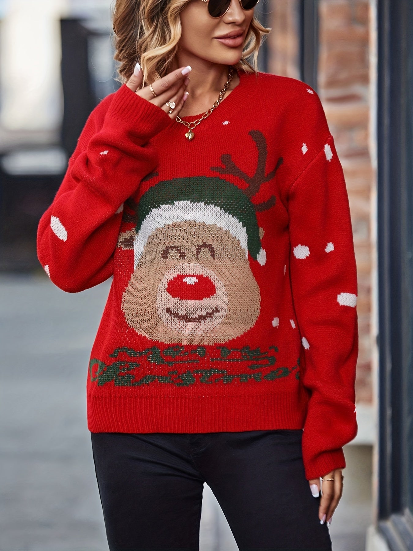 Christmas Pattern Knit Sweater Casual Crew Neck Long Sleeve Women's Clothing