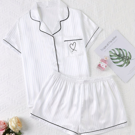Heart Embroidered Pajama Set - Button Up Shirt & Shorts Loungewear