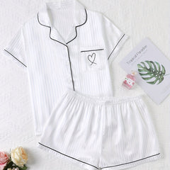 Heart Embroidered Pajama Set - Button Up Shirt & Shorts Loungewear