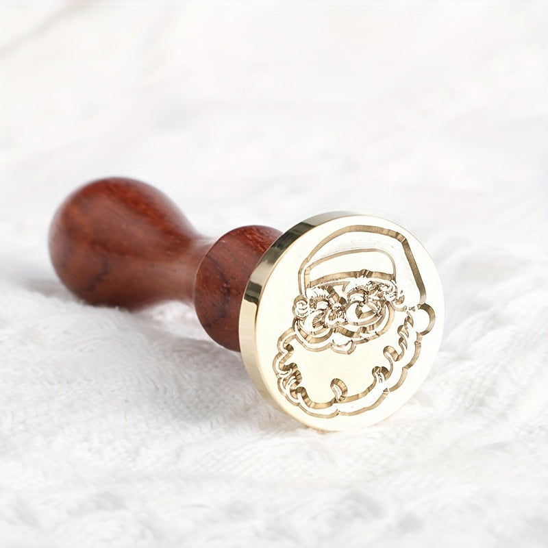 Santa Claus Seal Set Flower Wood Handle Vintage Brass Scrapbooking DIY Craft