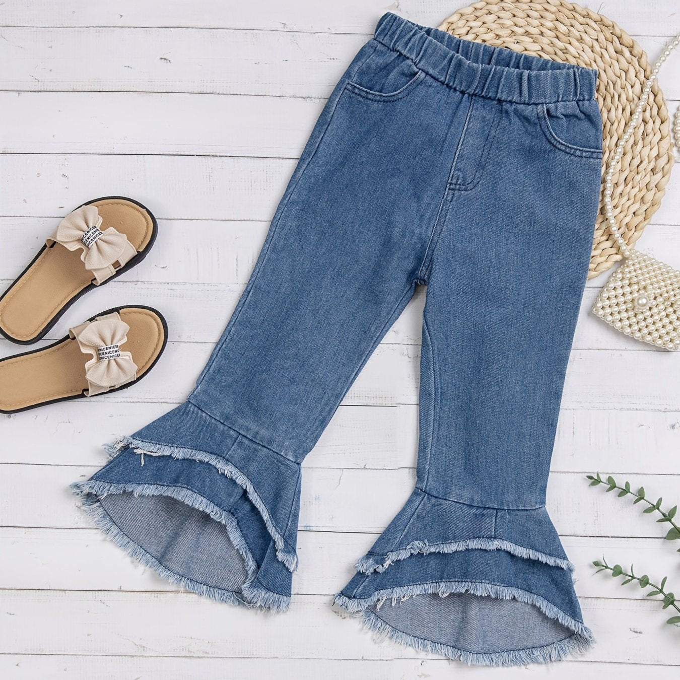 Baby Girls Ruffles Jeans Elastic Waist Flare Leg Pants