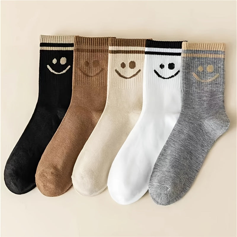 5 Pairs Smiling Print Mid Tube Socks for Women