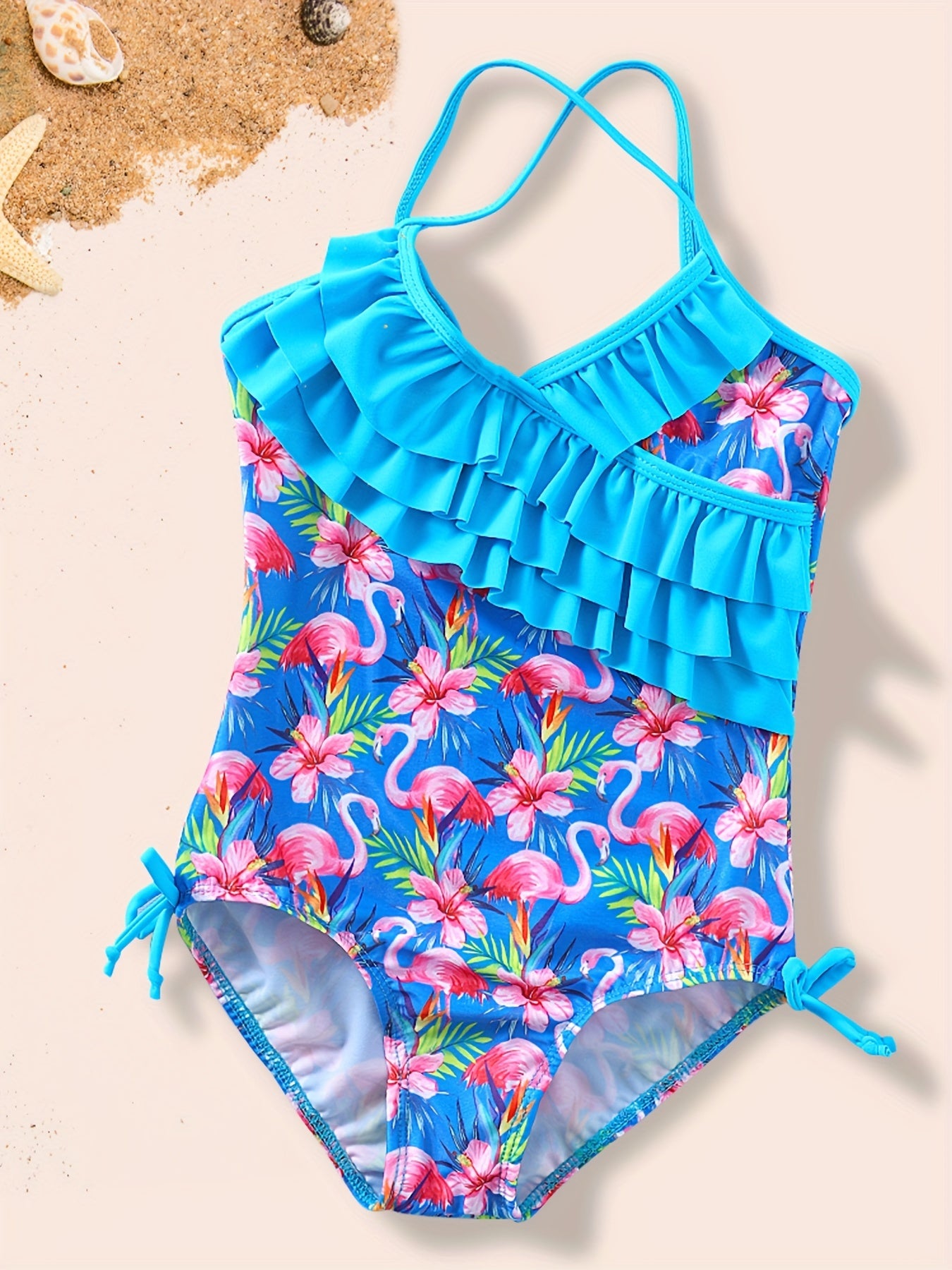 Floral Flamingo Girls Swimsuit with Ruffled Trim