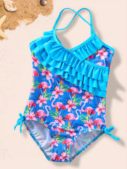 Floral Flamingo Girls Swimsuit with Ruffled Trim