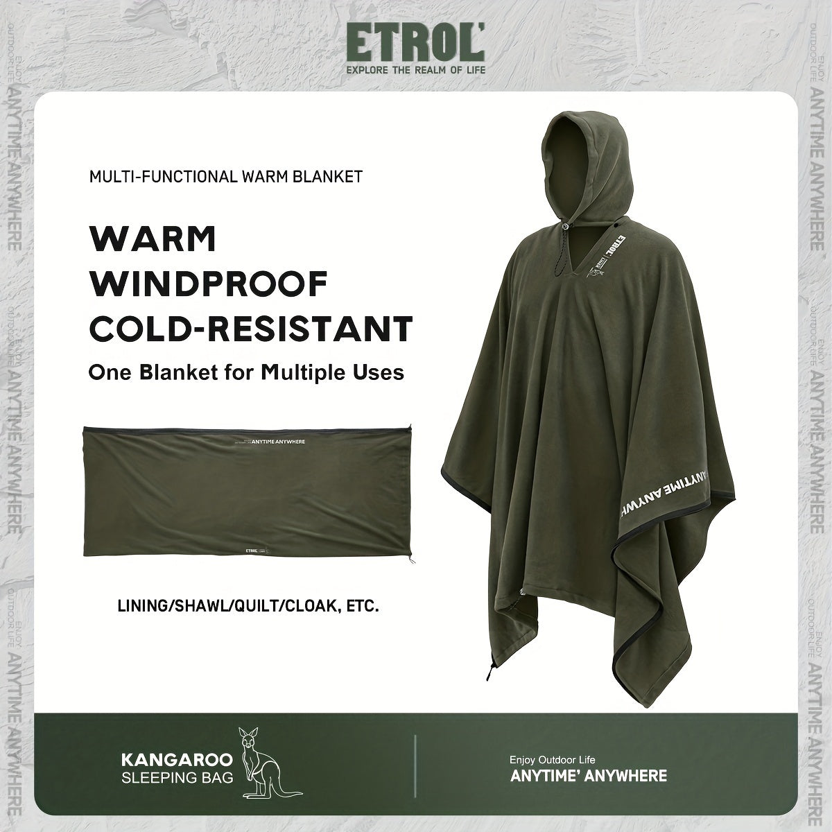 ETROL Windproof Poncho & Sleeping Bag Liner Outdoor Camping Insulated Blanket