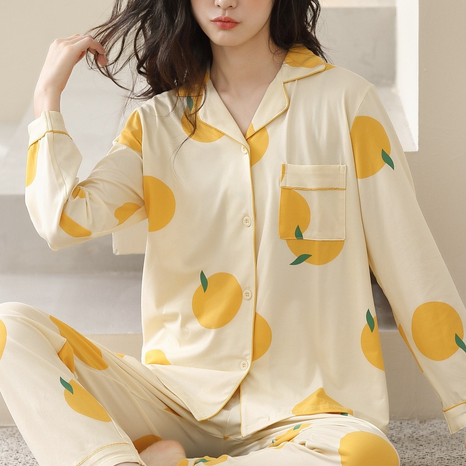 Fruit Print Pajama Set Long Sleeve Top & Pants Women's Loungewear