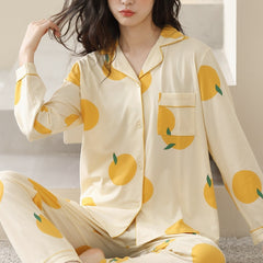 Fruit Print Pajama Set Long Sleeve Top & Pants Women's Loungewear