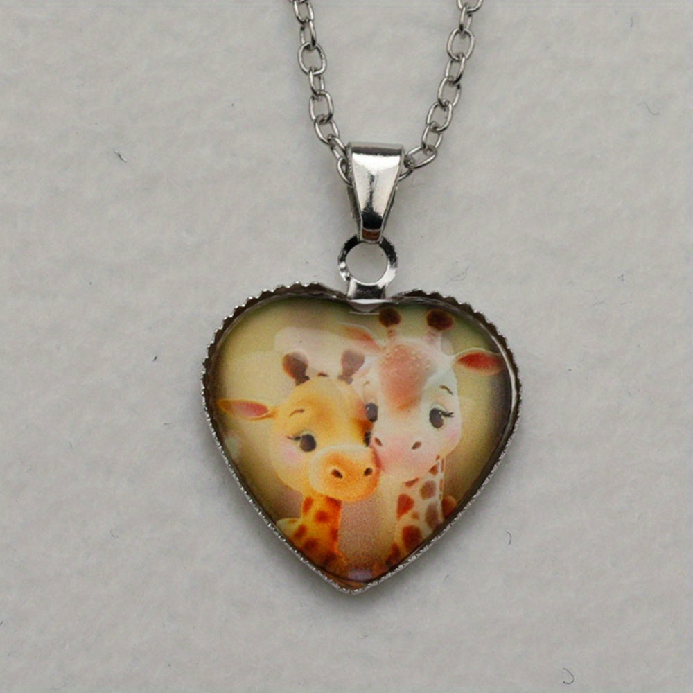 Mother And Child Giraffe Animal Heart Pendant Necklace