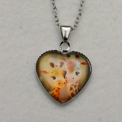 Mother And Child Giraffe Animal Heart Pendant Necklace
