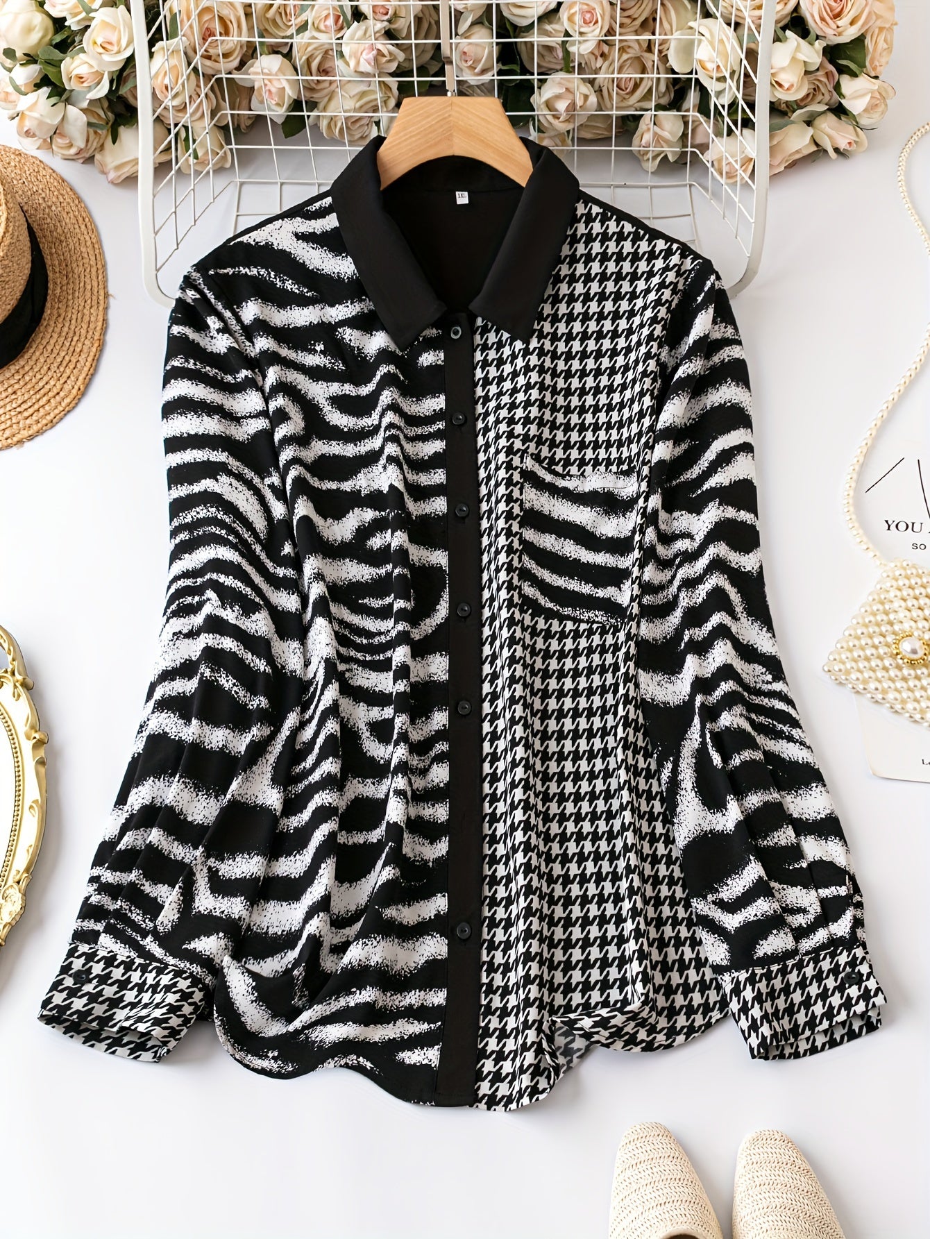 Colorblock Stripe & Houndstooth Button Up Blouse