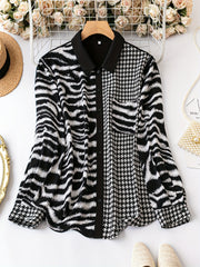 Colorblock Stripe & Houndstooth Button Up Blouse
