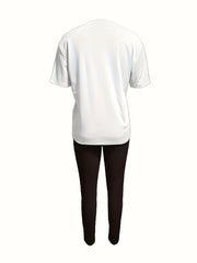 Graphic Print Two Piece Set Crew Neck Short Sleeve Top & Slim Pants Outfits
