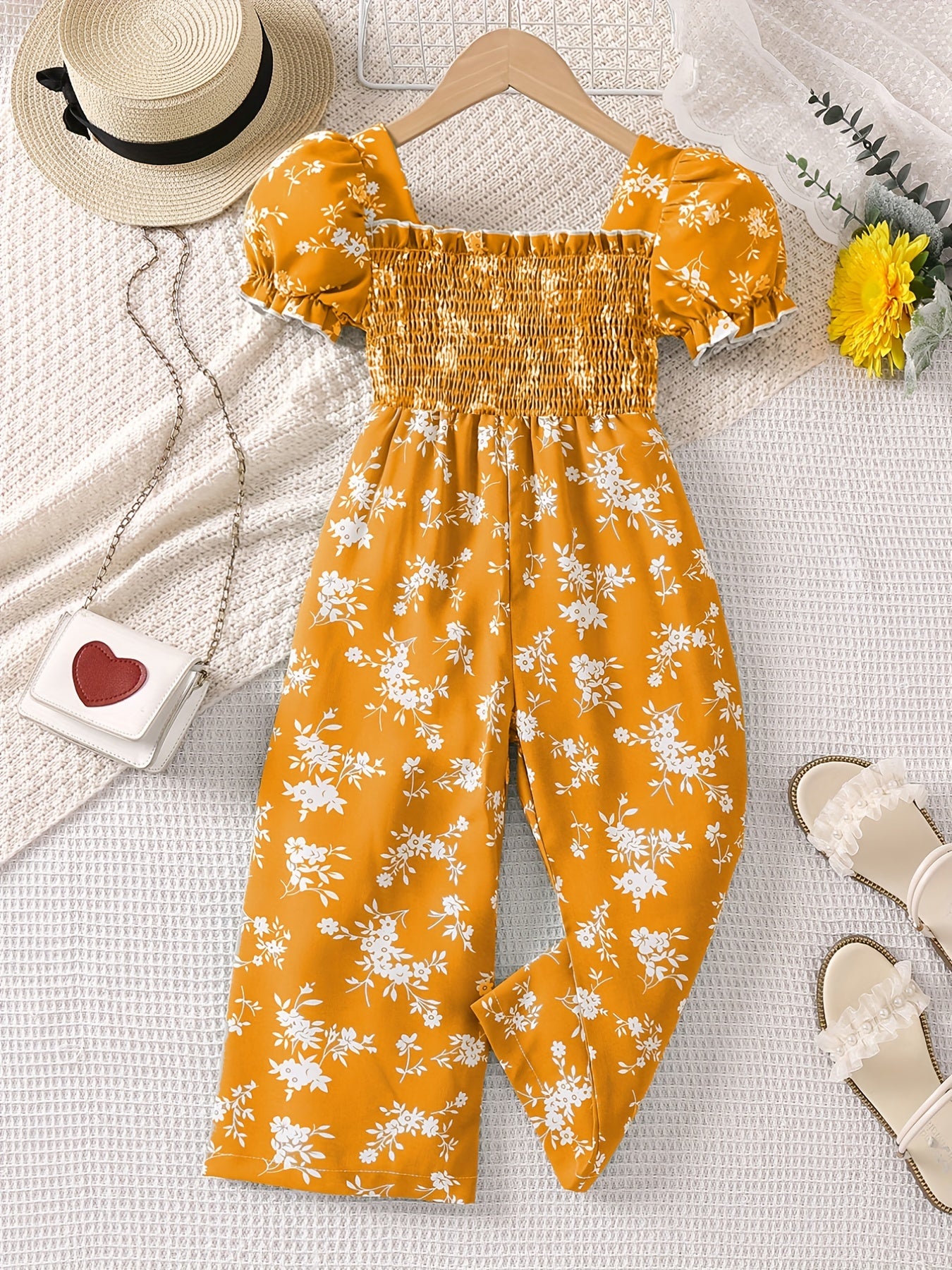 Toddler Girls Puff Sleeve Flower Graphic Rompers Jumpsuits for Beach Vacation