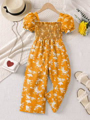 Toddler Girls Puff Sleeve Flower Graphic Rompers Jumpsuits for Beach Vacation