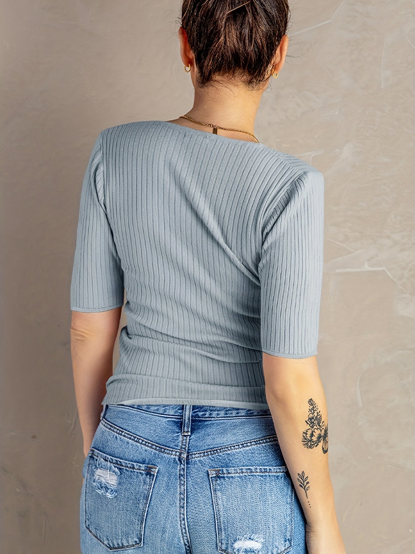 Surplice Neck Ribbed Knit Short Sleeve Sweater