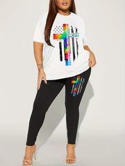 Cross & Flag Print 2-Piece Set Crew Neck Short Sleeve T-shirt & Slim Pants
