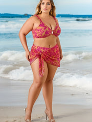 Vacay Bikini Set Women's Plus Allover Print Three-Piece Swimsuit Set