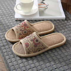 Women's Floral Linen Slides Open Toe Rattan Flat Shoes