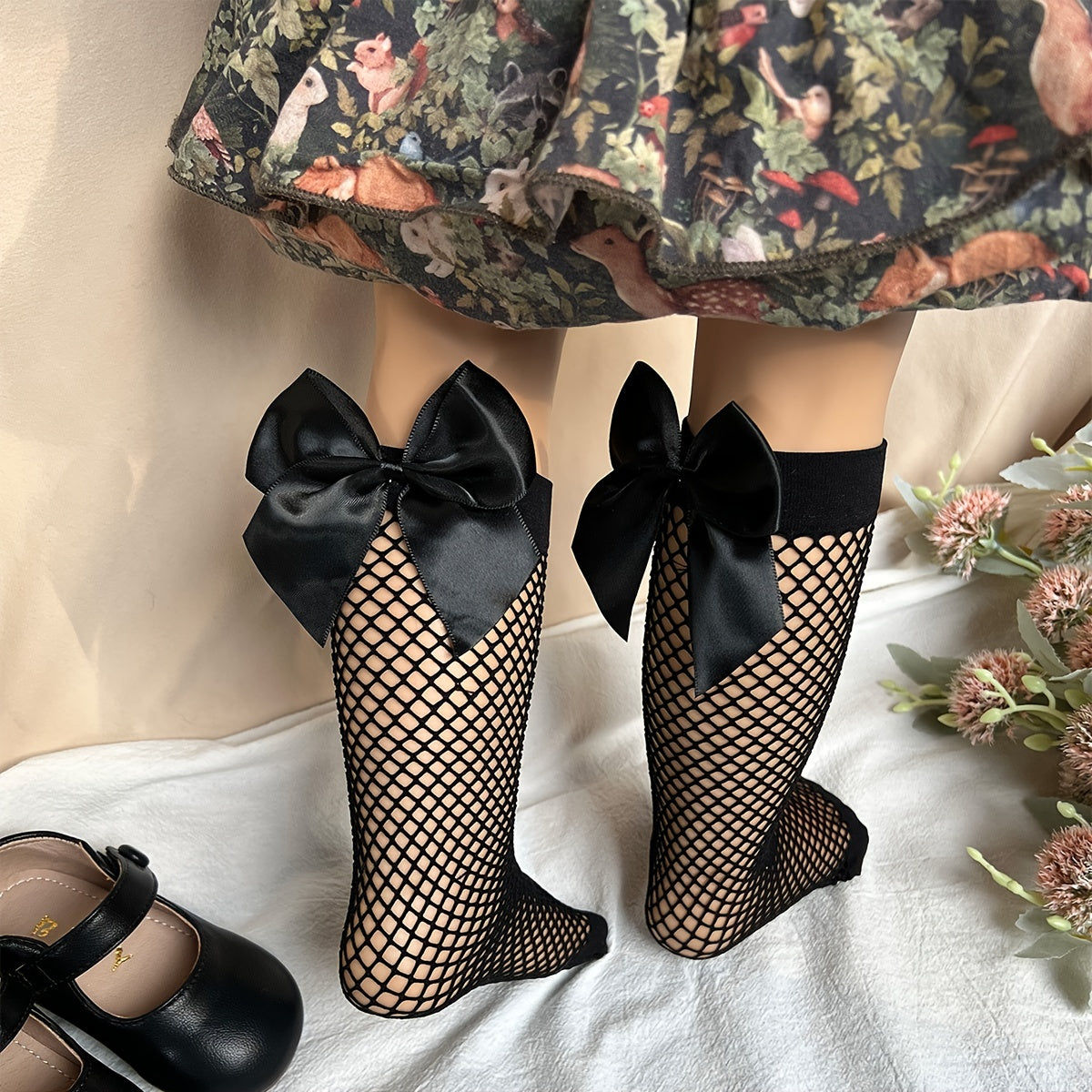 Girls Fishnet Socks with Bow Accent, Breathable Over the Calf Socks
