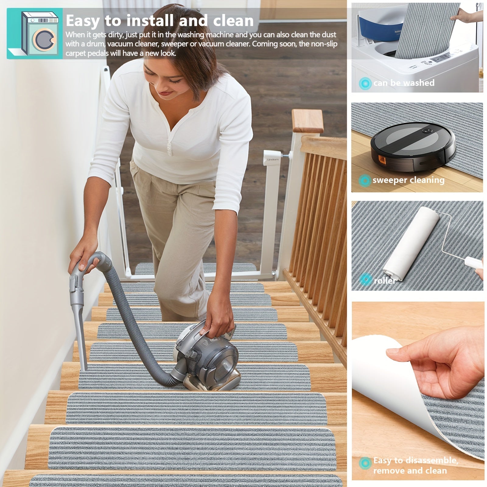 8/15pcs Non-Slip Carpet Stair Mats Machine Washable Rugs Polyester Home Decor