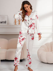 Floral Print Pajama Set Long Sleeve Buttons Top & Elastic Waistband Pants