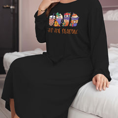 Coffee Print Long Sleeve Lounge Dress