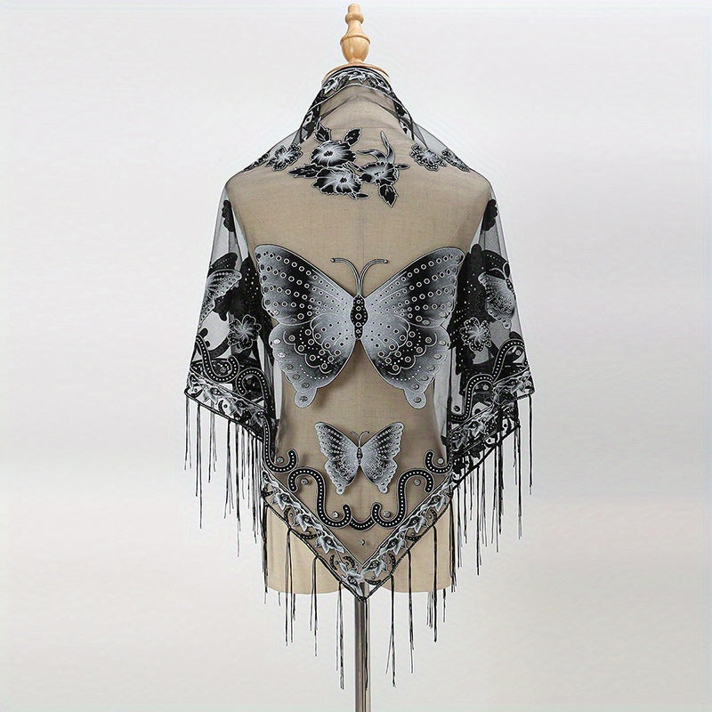 Butterfly Embroidered Tassel Shawl Triangle Scarf Lace Wrap for Party