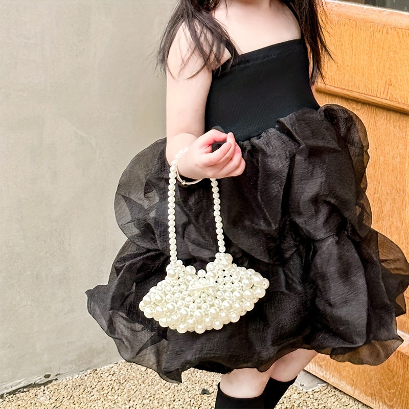 Girls Faux Pearl Bag Fan Shape Handbag Beaded Princess Bag