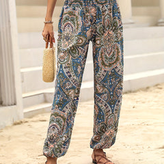 Paisley Print Shirred Waist Boho Jogger Pants Women's Clothing