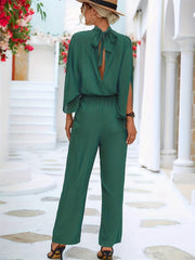 Solid Cape Sleeve Jumpsuit with Tie Back