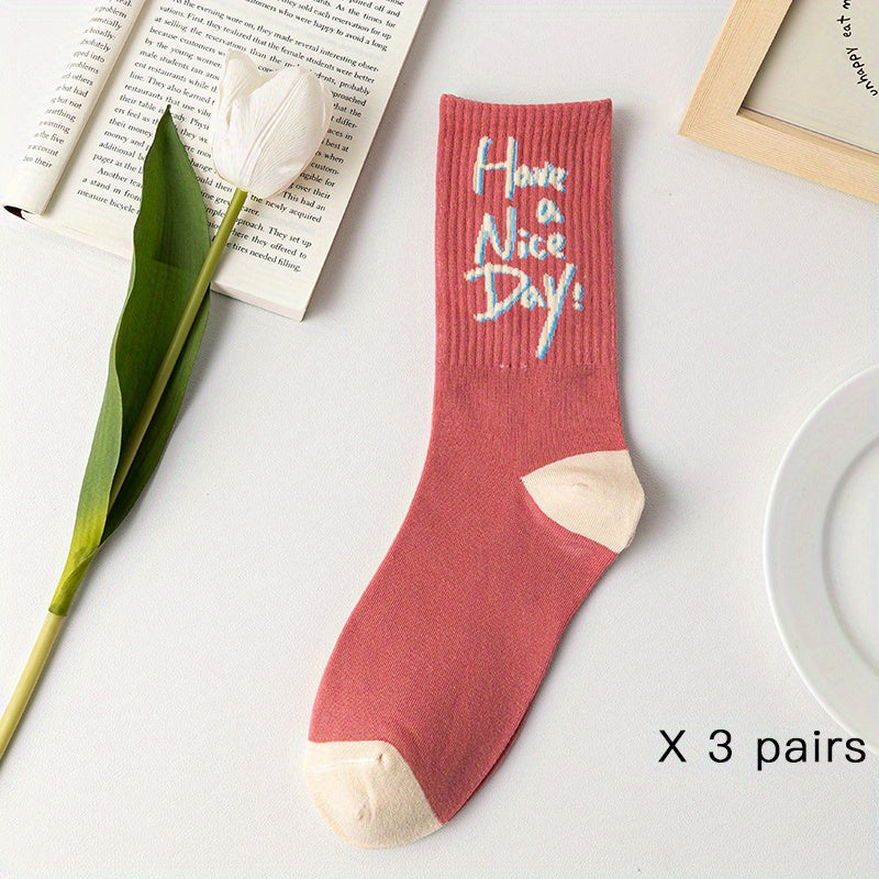 3 Pairs Floral Print Socks Comfy & Breathable Women's Stockings