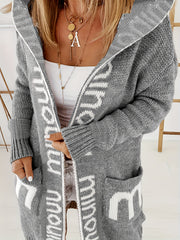 Letter Print Open Front Hooded Cardigan