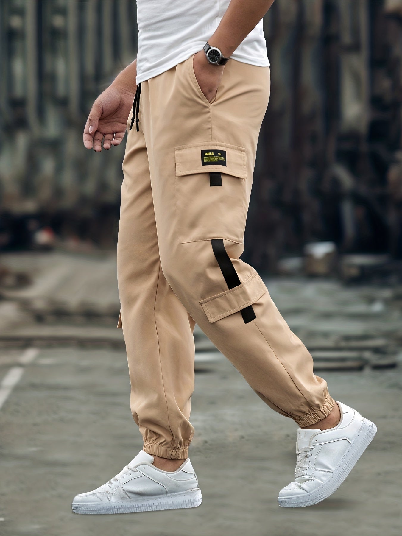 Men's Casual Cargo Pants Loose Fit Solid Drawstring Joggers
