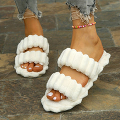 Women's Plush Double Straps Slippers Soft Open Toe Home Shoes