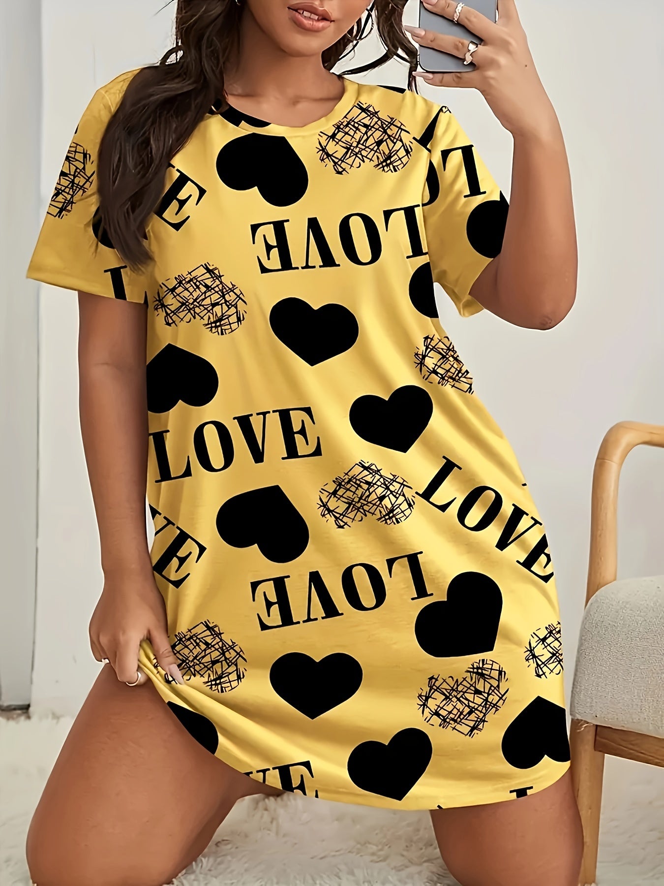 Heart & Letter Print Lounge Dress Short Sleeve Tee Nightdress