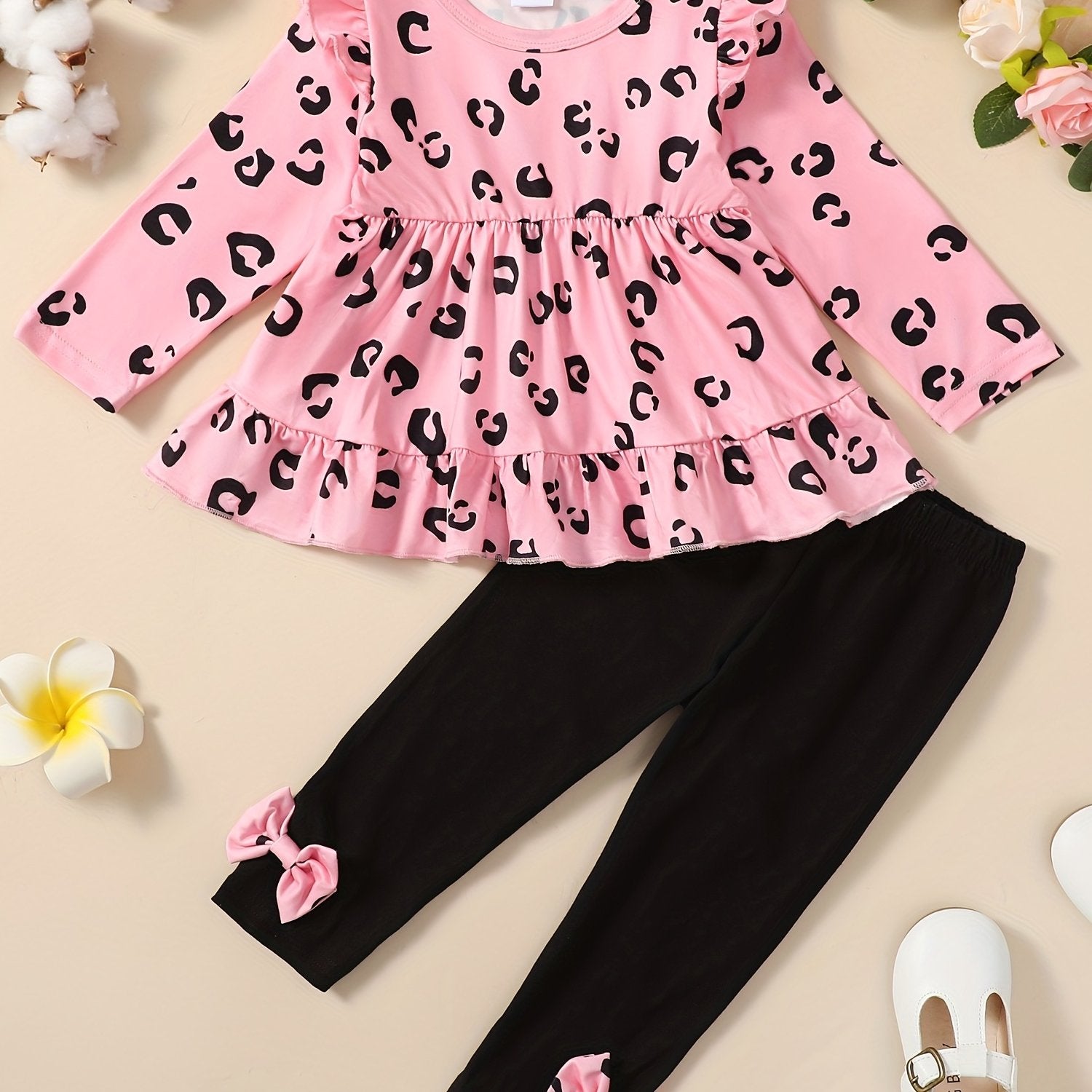 Girls Ruffle Top & Waist Pants 2pcs Leopard Print Bow Kids Clothes