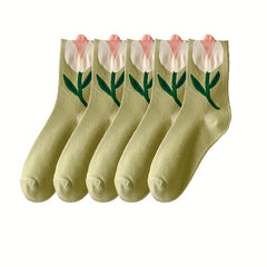 5 Pairs Floral Print Socks Comfy & Breathable Women's Mid Tube Stockings