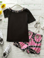 Letter Print Tee & Printed Shorts Set