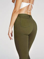 Olive Green Bootcut Jeans High Stretch Mid Waist Solid Bell Bottoms