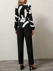 Plus Brush Print Lantern Sleeve Surplice Neck Belted Top & Pants Outfits