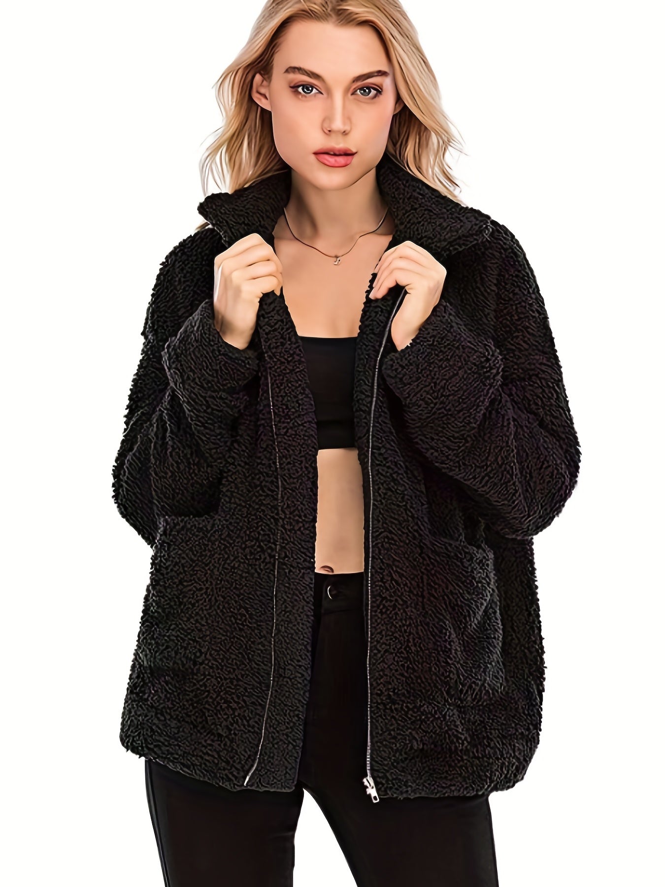 Solid Zip Up Teddy Coat Casual Long Sleeve Pocket Front Warm Outerwear