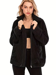 Solid Zip Up Teddy Coat Casual Long Sleeve Pocket Front Warm Outerwear