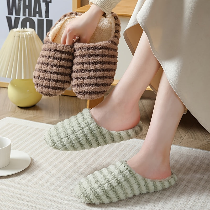 Women's Plush Striped House Slippers Anti-slip Soft Sole